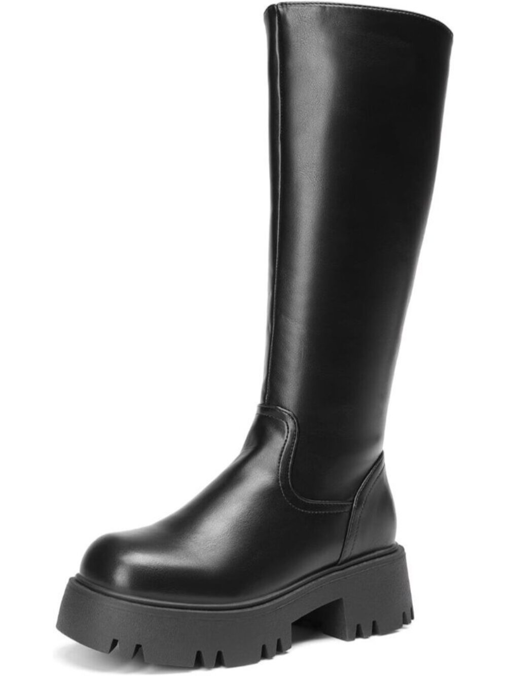 Women's Black Round Toe Side Zipper Elastic Panel Platform Knee High Chunky Boot